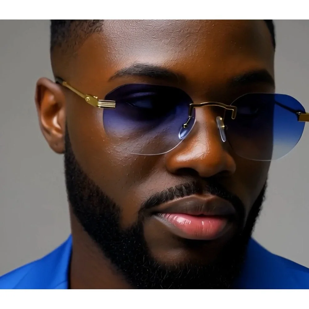 Rimless Sunglasses Men Vintage‎ Designer Style Blue Lens Fashion Shades Lentes